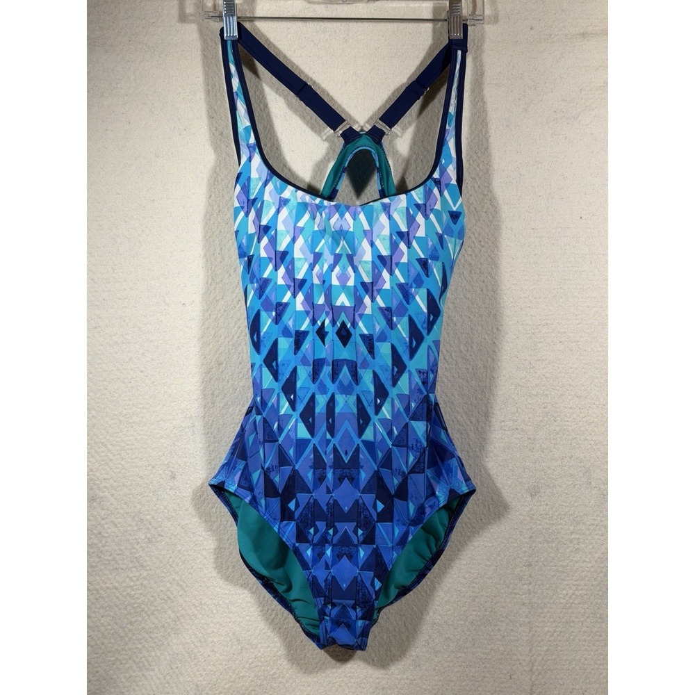 Title Nine Womens One Piece Swimsuit Blue Geometric Racerback Athletic Swim